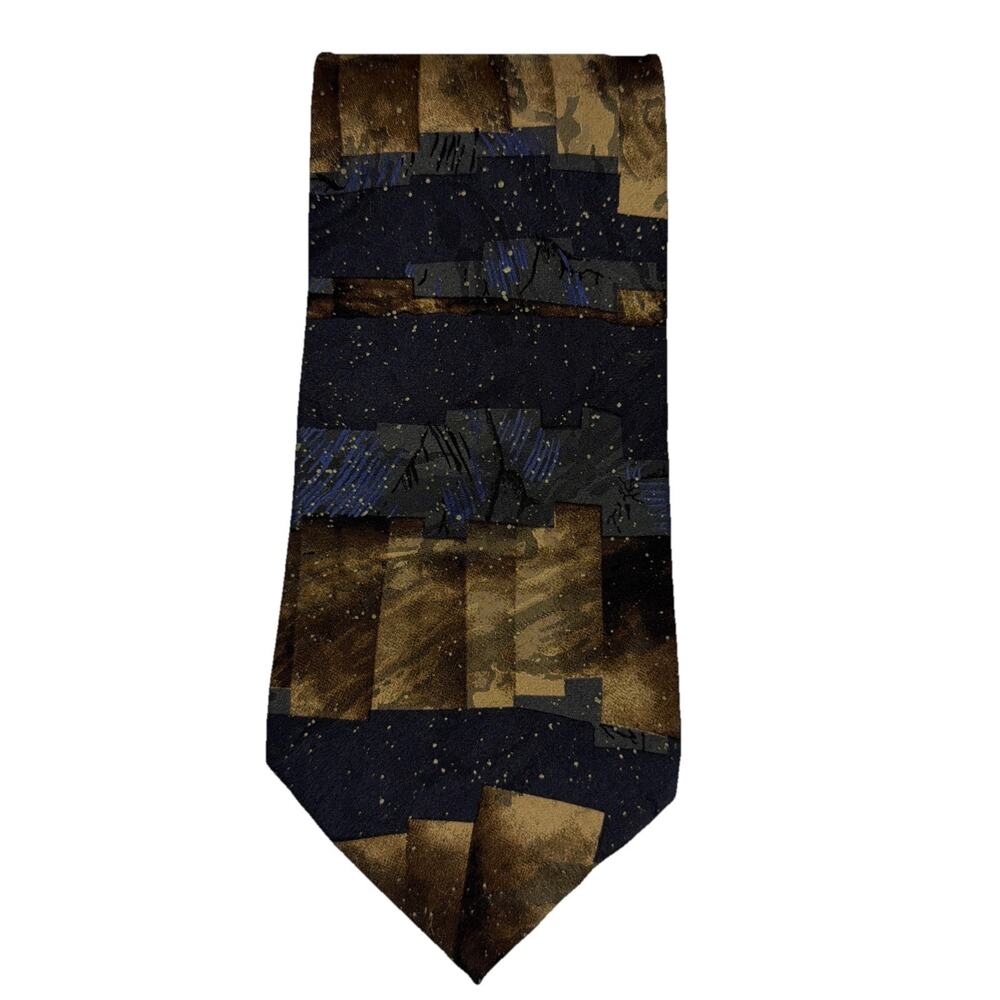 J Ferrar Silk Tie Blue Gold Abstract Art Dark Geometric Necktie Italy Gift